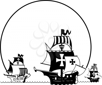Royalty Free Clipart Image of Three Ships on the Horizon