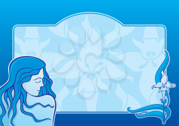 Royalty Free Clipart Image of a Girl and a Flower on Blue