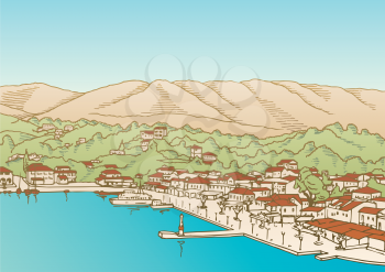 Royalty Free Clipart Image of a Village by the Sea