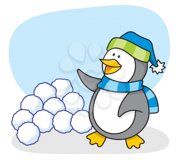 Royalty Free Clipart Image of a Penguin With Snowballs