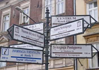 Guide signs in the street in Jewish block in Krakow, Poland. Useful as tourist background