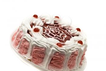 Tasty desserts - iced cake with cherries and beautiful red pattern