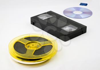 Evolution of data storage: bobbin, video cassette, optical disk, memory card