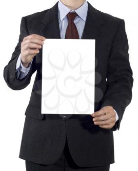 Man in suit with blank sheet of paper isolated