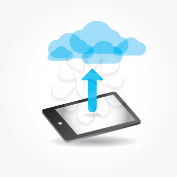 Royalty Free Clipart Image of a Tablet With an Arrow Pointing to Clouds