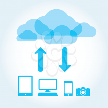 Royalty Free Clipart Image of a Cloud With Two Arrows Pointing to Computers, a Phone and a Camera