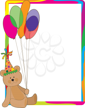 Royalty Free Clipart Image of a Teddy Bear in a Party Hat With Balloon