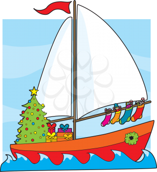 Royalty Free Clipart Image of a Sailboat With a Christmas Tree, Presents and Stockings