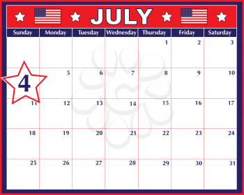 Royalty Free Clipart Image of a Calendar Showing July 4