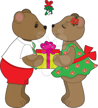 Royalty Free Clipart Image of a Bear Couple Kissing Under the Mistletoe