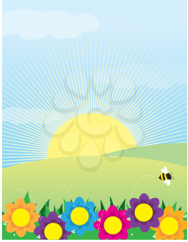 Royalty Free Clipart Image of a Spring Meadow With the Sun Rising and a Bee