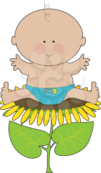 Royalty Free Clipart Image of a Baby Boy in a Diaper Sitting on a Sunflower