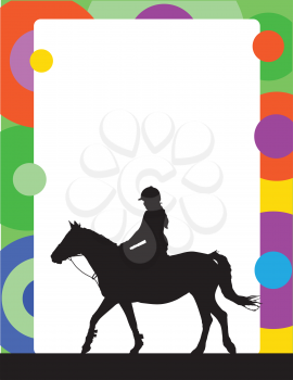 A silhouette of a horse and rider is part of this colorful frame or border