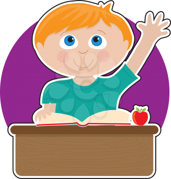 A little boy is raising his hand to answer a question in school - there is a book and an apple on his desk