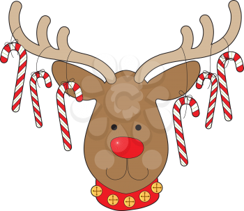 A smiling reindeer with a red nose and a red collar, has candy canes hanging from his antlers.