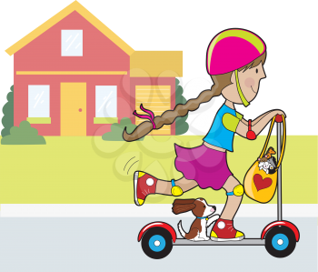 A little girl and her dog going for a ride on a scooter.in front of a red house. A bag of favorite stuffed toys is hanging from the steering wheel.