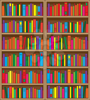 A large, double case bookshelf, filled with volumes of multi colored books.