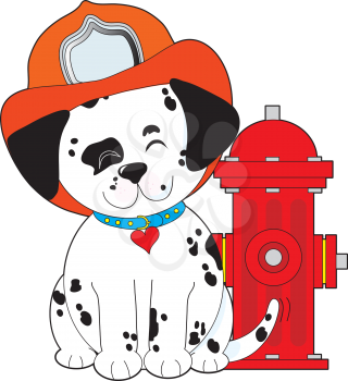 A smiling Dalmatian Pup, sitting close by a red fire hydrant, is wearing a fireman's hat and wagging his tail happily.