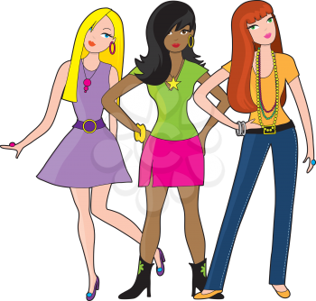 Three fashionable young ladies, a redhead, blonde and brunette, pose casually.