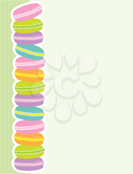 A border comprised of a vertical stack of delicate, French, multi-coloured, Macaron cookies.