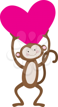 A cute, smiling monkey is holding a large pink heart above his head.