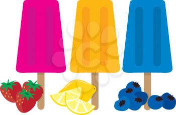 Three colorful popsicles and the types of fruit associated with each color.