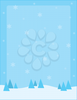 A snowy winter landscape, dotted with coniferous trees with snowflakes floating in the air.