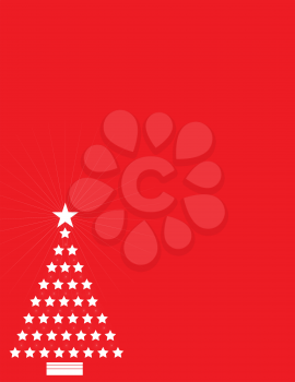 A red background with a white cutout of a stylized Christmas tree, comprised of stars and illumination bursts.