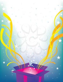 A background with a gift box that's burst open, with streamers and stars streaming into the air.