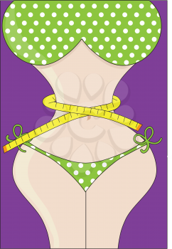 A voluptuous, curvy, female figure in a green, polka dot bikini, has a tape measure wrapped around her waist.