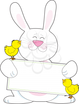 A white Easter bunny holds a blank message poster, while accompanied by two yellow baby chicks.