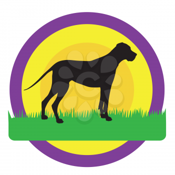 A silhouette of a Great Dane against purple,yellow and orange circles. There is green grass beneath his feet with room for text