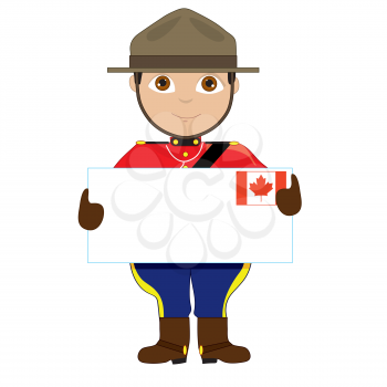 A young boy or man is dressed in a Canadian Mountie uniform and is holding a sign with a Canadian flag on it that looks like a giant letter. There is room for text