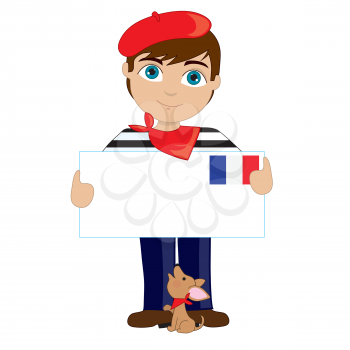 A little boy is dressed in a traditional French costume and holding a sign that looks like a big letter with the French flag in the upper right hand corner