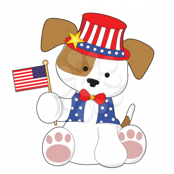 An adorable puppy wearing a top hat and holding the American flag. He is all ready for the Fourth of July