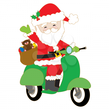 Santa Claus is riding a green scooter with a bag of toys on the back