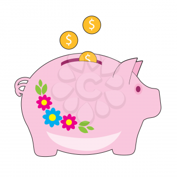 A pink piggy bank with flowers on it. Coins are being added to it