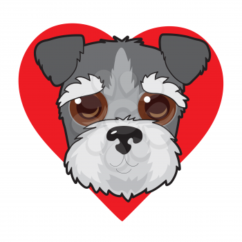 A cute illustration of a Schnauzer face with a red heart in the background
