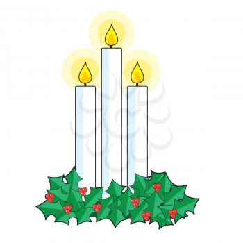 A trio of lit white candlles sitting in a bed of holly and berries