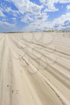 Beach view with car tire tracks in the sand, New Jersey shore