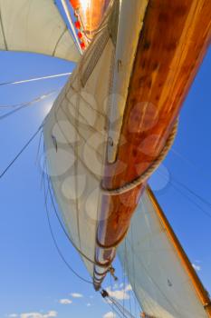 Views of the mast, sails and rigging on the private sail yacht.