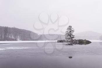 Beautiful view of the frozen forest lake in the winter.