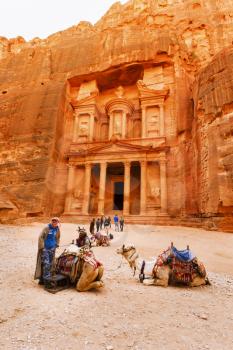 Petra, Jordan- March 16, 2017: Views of the Lost City of Petra in the Jordanian desert, one of the Seven Wonders of the World.