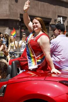 New York City, USA-June 25, 2017: LGBTQ participants of the NYC Pride March. Gay Pride events occur throughout the month of June, culminating with the March along the 5th Avenue.