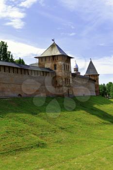 Veliky Novgorod, Russia-June 8,2016:Novgorod Kremlin stands on the left bank of the Volkhov River. The first reference to fortifications on the site dates to 1044, with additional construction taking place in 1116.