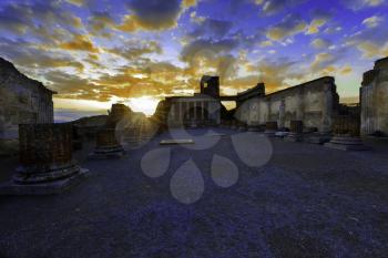 Sunset over ancient ruins of Pompeii