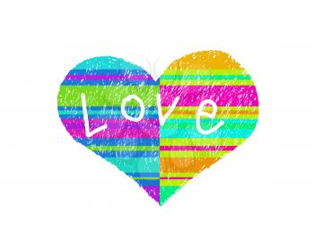 Abstract multicolored striped love symbol and word Love on white