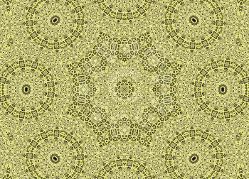 Black background with white graphics and yellow green concentric pattern