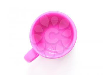 Pink mug isolated on white background, the top view