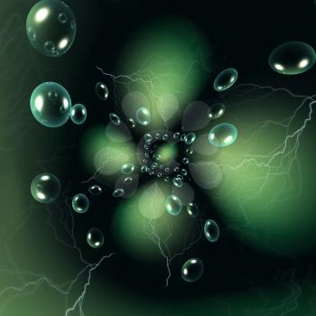 Magic green background with transparent bubbles and lightning